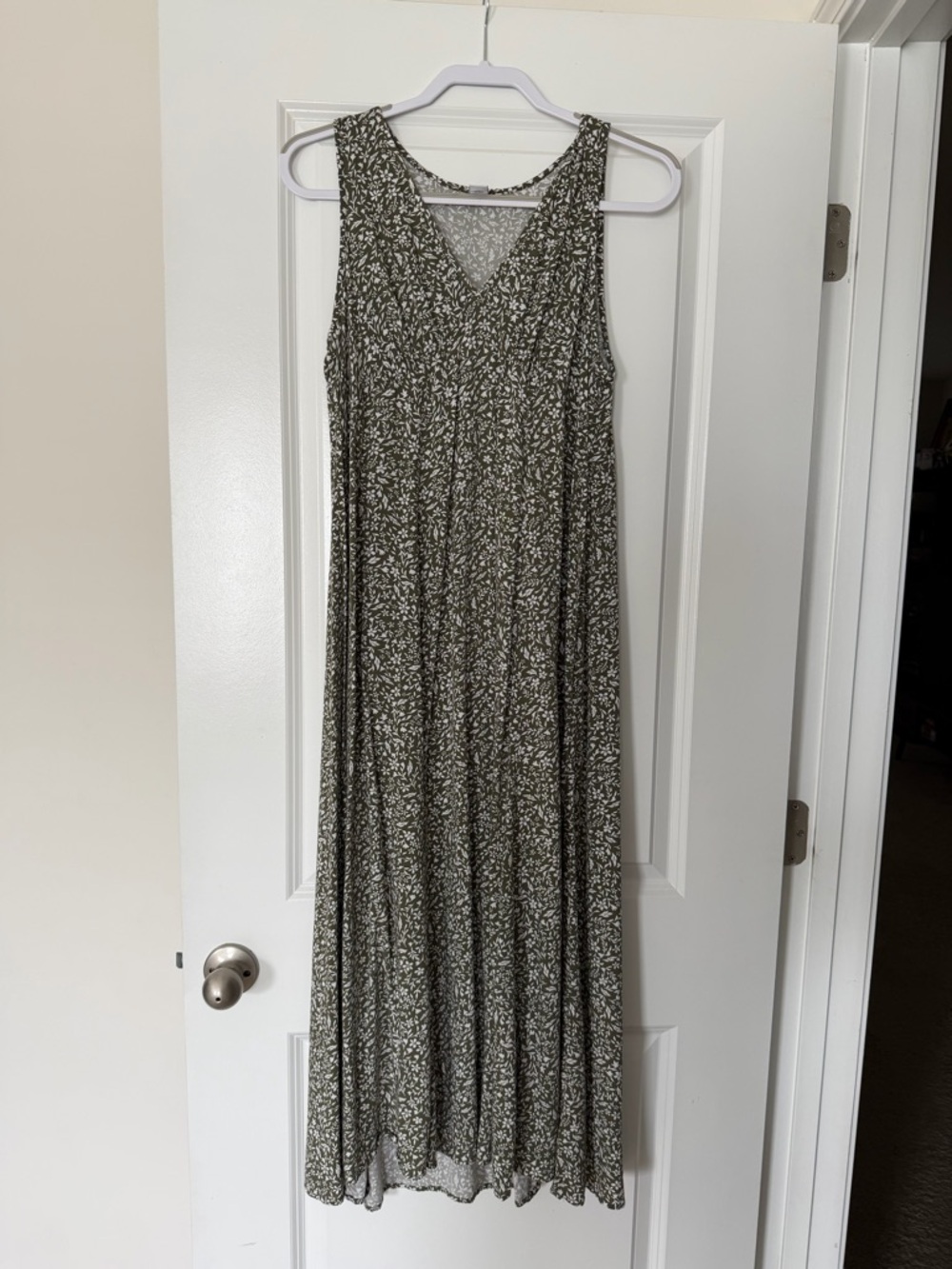 Sleeveless Olive Green Floral V-Neck Maxi Dress